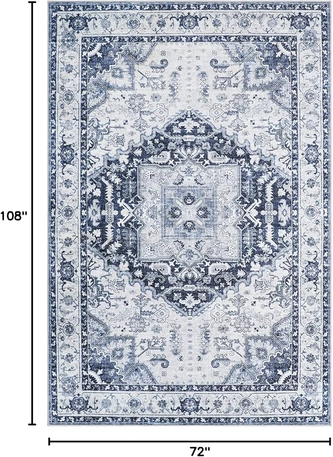 6x9 Area Rugs for Living Room, Machine Washable Non Slip Vintage Rug, Non-Slip Stain Resistant, Large Soft Home Decor Rug for Bedroom Dining Room (Navy/Blue,8'x10')