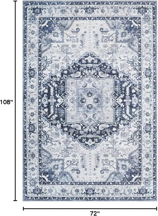 6x9 Area Rugs for Living Room, Machine Washable Non Slip Vintage Rug, Non-Slip Stain Resistant, Large Soft Home Decor Rug for Bedroom Dining Room (Navy/Blue,8'x10')