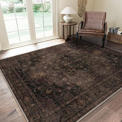 GENIMO 9x12 Area Rugs for Living Room, Machine Washable Rug, Non Slip Indoor Vintage Rug, Low Pile Lightweight Chenille Print Carpet for Bedroom Dining Room Home Office, Charcoal Brown