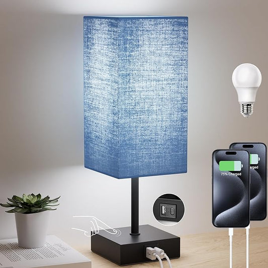 Bedside Table Lamp for Bedroom, 3 Way Dimmable Touch Lamp with USB C+A Charging Ports, Small Nightand Lamps for Bedroom Decor, Living Room, LED Bulbs Included, Upgraded Navy Blue