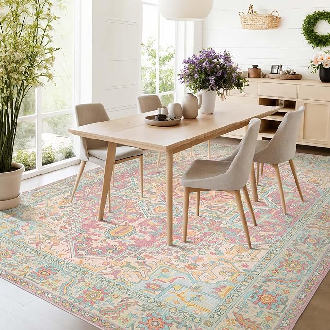 Kokia 6x9 Washable Area Rugs Blossom Pink with Vintage Orient Design Soft Rug for Living Room or Nursery Non-Slip Low Pile Stain Resistance Features Distressed Medallion Pattern