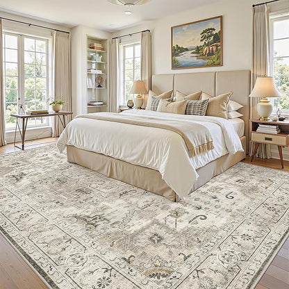 8x10 Area Rugs for Living Room Washable Non Slip Vintage Rug for Bedroom Large Stain Resistant Neutral Farmhouse Indoor Floor Carpet Dining Room Home Office Decor (Brown/Ivory,8'x10')