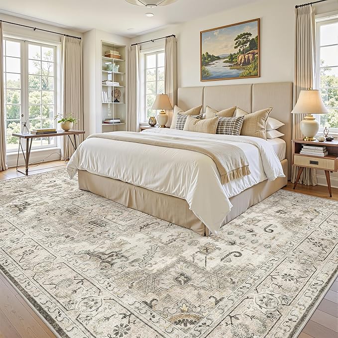 5x7 Washble Area Rugs - Large Stain Resistant Rugs for Living Room Bedroom Non Slip Backing Area Rug Vintage Home Decor Rug (Brown/Ivory,5'x7')