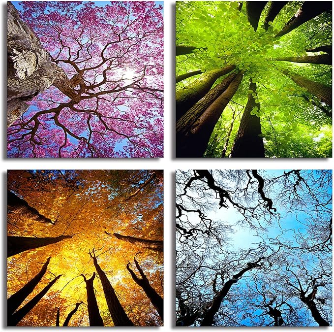 MESESE Art 4 Panels Canvas Wall Art Spring Summer Autumn Winter Four Seasons Landscape Color Tree Painting Picture Prints Modern Giclee Artwork Stretched and Framed for Living Room Home Decoration