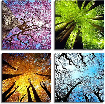 MESESE Art 4 Panels Canvas Wall Art Spring Summer Autumn Winter Four Seasons Landscape Color Tree Painting Picture Prints Modern Giclee Artwork Stretched and Framed for Living Room Home Decoration