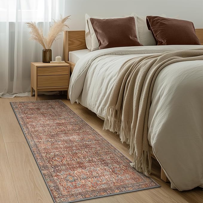 2x7 Runners Machine Washable Boho Rug Runners for Hallway,Ultra-Thin Low Pile Rug,Lightweight Carpet,Non Slip Floral Runners for Enrtyway, Corridor, Home Office, Kitchen,Terracotta/Indigo