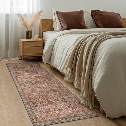 2x7 Runners Machine Washable Boho Rug Runners for Hallway,Ultra-Thin Low Pile Rug,Lightweight Carpet,Non Slip Floral Runners for Enrtyway, Corridor, Home Office, Kitchen,Terracotta/Indigo