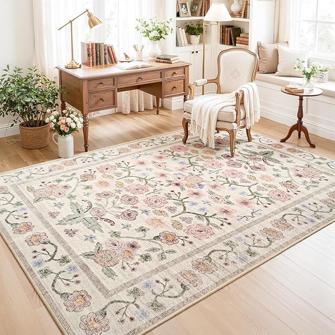 Maxsoft Large Area Rugs for Living Room Bedroom, 5x7 Washable Floral Area Rugs, Non-Slip and Stain Resistant Soft Throw Indoor Carpet for Dining Room Office Kitchen Dorm Home Decor, Pink