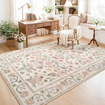 Maxsoft 6x9 Area Rugs for Living Room Bedroom, Floral Vintage Large Rug with Rubber Backing: Soft Non-Slip and Washable Low Pile Throw Carpet for Dining Room Kitchen Home Decor, Pink