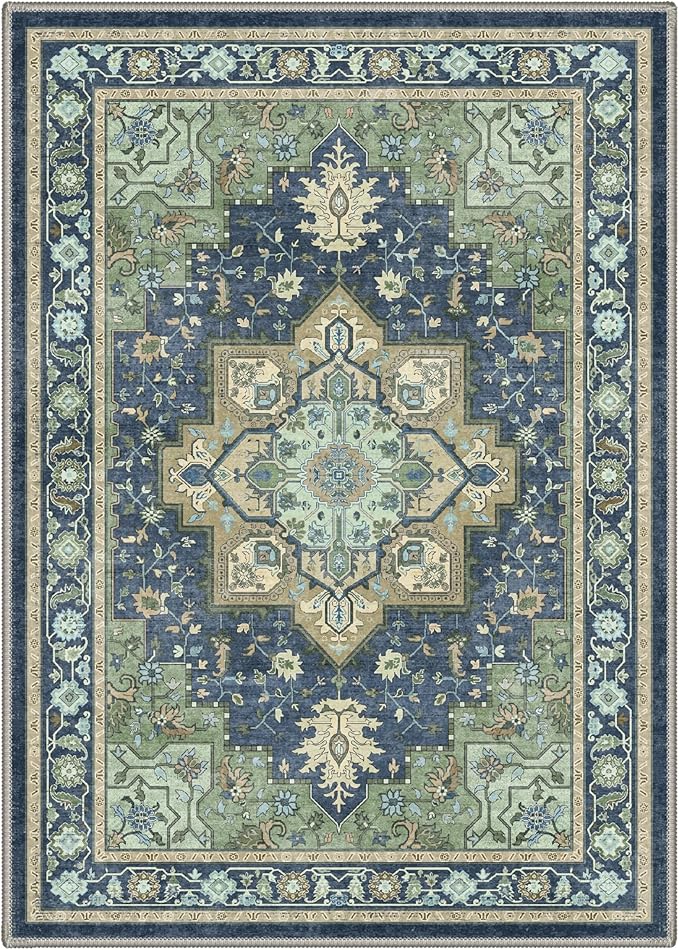 GENIMO 8x10 Area Rugs for Living Room, Machine Washable Rug, Non Slip Indoor Vintage Carpet, Low Pile Lightweight Chenille Print Carpet for Bedroom Dining Room Home Office, Green & Navy