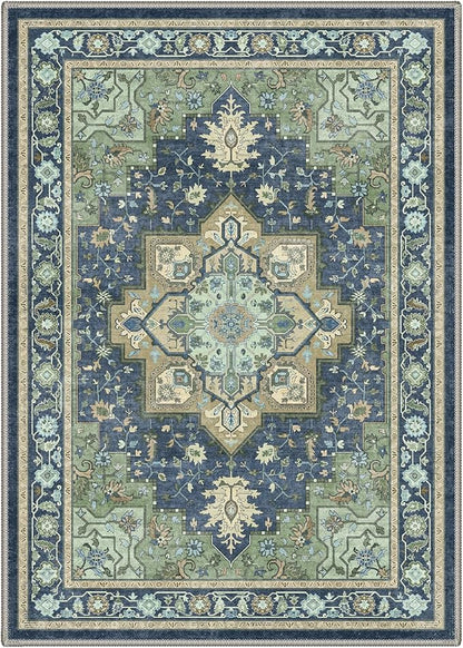 GENIMO 8x10 Area Rugs for Living Room, Machine Washable Rug, Non Slip Indoor Vintage Carpet, Low Pile Lightweight Chenille Print Carpet for Bedroom Dining Room Home Office, Green & Navy