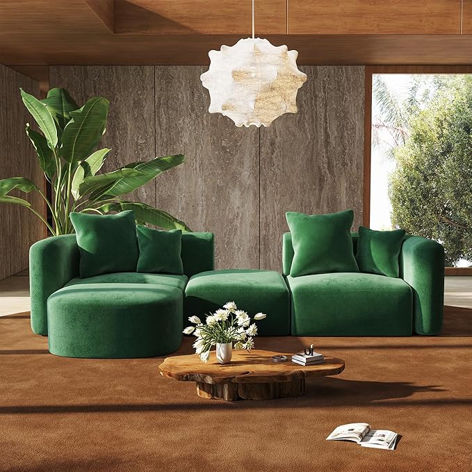 116" Modular Sectional Couches with Ottoman, Luxury Modern Curved Back Sofa, Minimalist Style Oversized 4 Seat Deep Comfy Convertible L Shape Boneless Couch for Living Room Office Apartment, Green