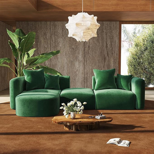 116" Modular Sectional Couches with Ottoman, Luxury Modern Curved Back Sofa, Minimalist Style Oversized 4 Seat Deep Comfy Convertible L Shape Boneless Couch for Living Room Office Apartment, Green