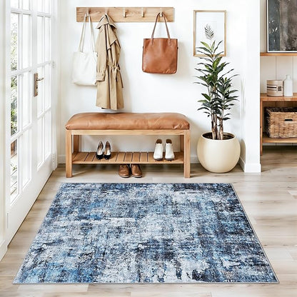3x4 Washable Entryway Area Rug - Non-Slip Modern Small Indoor Mat for Bathroom,Living Room,Bedroom - Abstract Neutral Soft Low-Pile Throw Carpet with Rubber Backing（Blue）