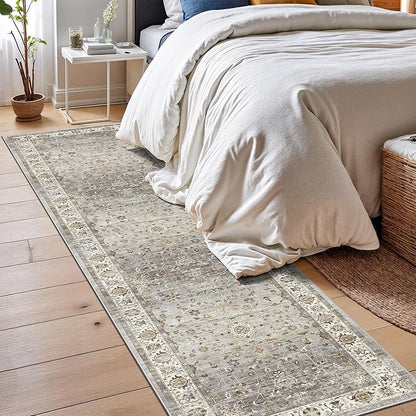 2x8 Washable Hallway Runner Rug - Kitchen Rugs with Non Slip Backing Vintage Soft Farmhouse Entryway Mat for Living Room Laundry Bedroom Bathroom Ivory/Grey
