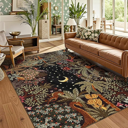 GarveeHome 5x7 Jungle Area Rug Washable Rugs for Living Room Bedroom, Soft Low Pile Non Slip Accent Floor Mat Animal Print Throw Rug Indoor Carpet Dining Room Playroom
