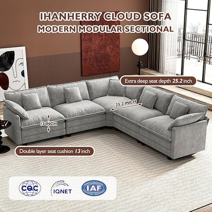 Ihanherry 114" V-Shaped Modern Sofa Modular Sectional Cloud Couch with Corner Section, 5-Seat Chenille Deep Seat Sofa with 5 Pillows for Living Room, Bedroom and Apartment, Grey