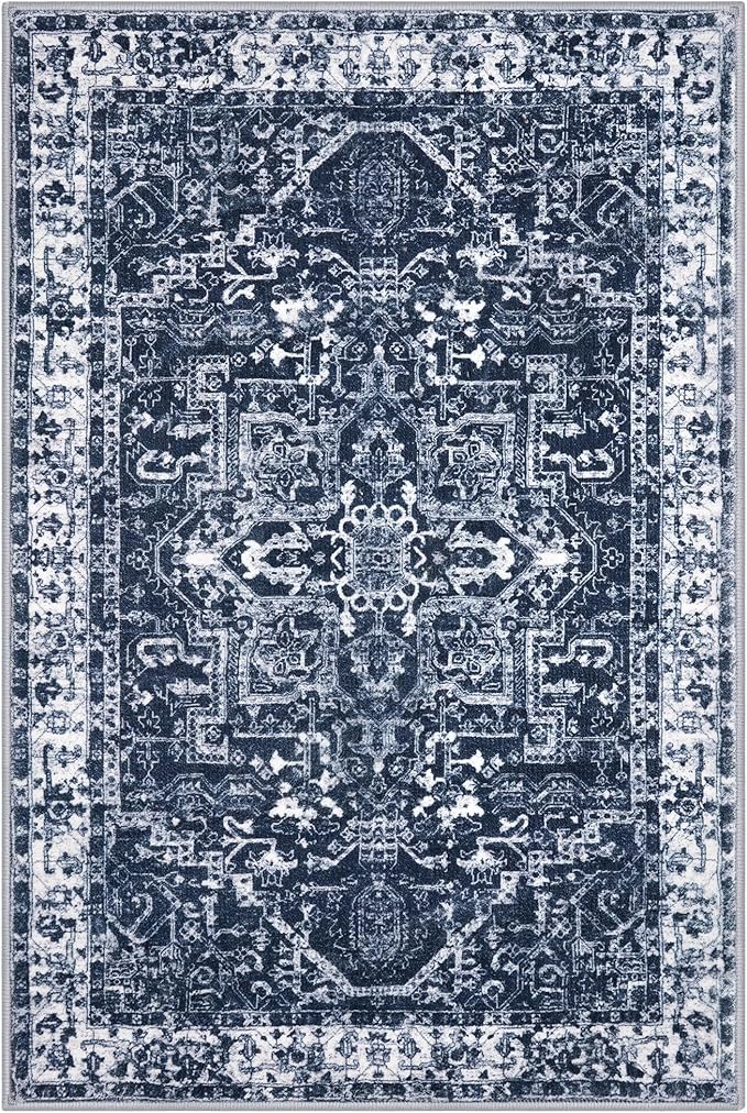 KOZYFLY Boho Area Rug 3x5 Ft Rugs for Entryway Washable Entry Rug Non Slip Door Mat Indoor Entrance Printed Faux Wool Throw Rugs for Entrance Kitchen Living Room, Navy/Grey
