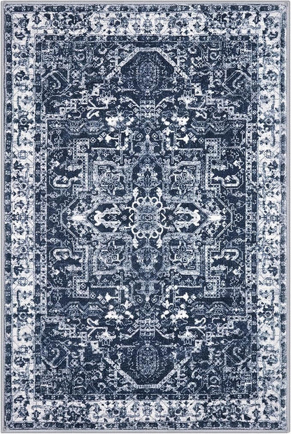KOZYFLY Boho Area Rug 3x5 Ft Rugs for Entryway Washable Entry Rug Non Slip Door Mat Indoor Entrance Printed Faux Wool Throw Rugs for Entrance Kitchen Living Room, Navy/Grey