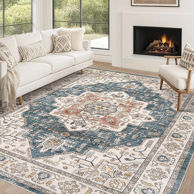 Area Rug 10x14 Washable Vintage - Soft Traditional Rug for Living Room Bedroom Dining Room or Home Office -Non Slip Backing Large Rugs with Low Pile Farmhouse Oriental Retro Carpet - Blue