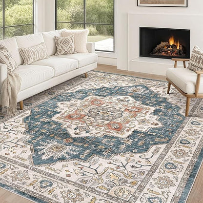 Area Rug 10x14 Washable Vintage - Soft Traditional Rug for Living Room Bedroom Dining Room or Home Office -Non Slip Backing Large Rugs with Low Pile Farmhouse Oriental Retro Carpet - Blue