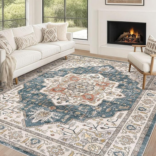 Area Rug 10x12 Washable Vintage - Soft Traditional Rugs for Living Room Large Non Slip Backing with Low Pile Farmhouse Oriental Retro Carpet for Bedroom Dining Room or Home Office - Blue