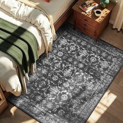 4x5 Black Washable Area Rugs for Living Room Vintage Boho Non Slip Rug Distressed Floral Carpet Indoor Retro Soft Low Pile Farmhouse Throw Rug for Bedroom Dining Room Nursery Office