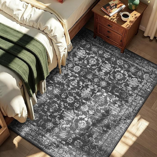 4x5 Black Washable Area Rugs for Living Room Vintage Boho Non Slip Rug Distressed Floral Carpet Indoor Retro Soft Low Pile Farmhouse Throw Rug for Bedroom Dining Room Nursery Office