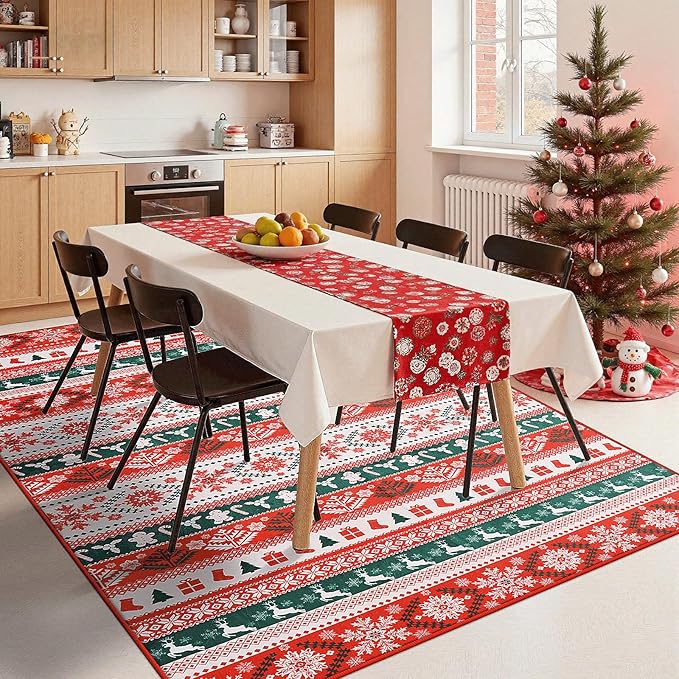 Area Rugs for Bedroom, 5x7 Ft Indoor Washable Rugs for Entryway Snowflake Print Living Room Carpet, Farmhouse Welcome Front Door Mat Non Slip Carpet for Entrance Porch Bath Kitchen, Green/Red