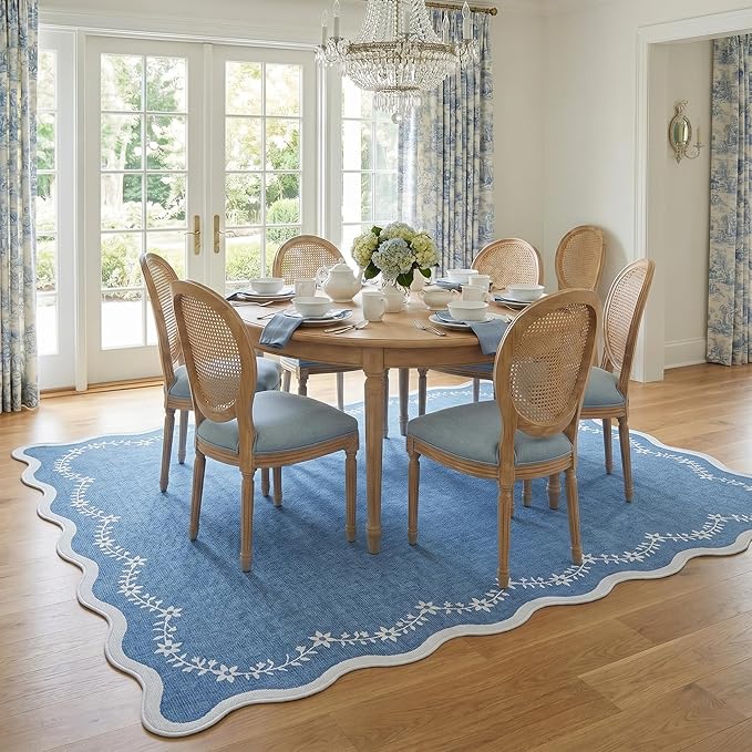 GarveeHome 6x9 Scalloped Area Rug Blue Washable Rugs for Living Room Bedroom, Soft Low Pile Non Slip Accent Floor Mat Solid Floral Print Throw Rug Farmhouse Indoor Carpet for Dorm Playroom