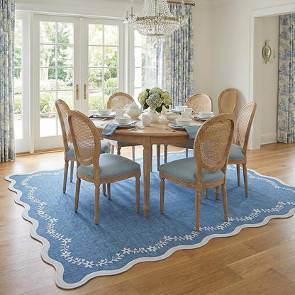 GarveeHome 5x7 Scalloped Area Rug Navy Blue Washable Rugs for Living Room Bedroom, Soft Low Pile Non Slip Accent Floor Mat Solid Floral Print Throw Rug Indoor Carpet for Dorm Playroom