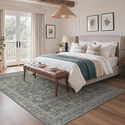 GENIMO 8x10 Area Rugs for Living Room, Machine Washable Non Slip Vintage Rugs, Low Pile Lightweight Chenille Print Rug for Bedroom, Dining Room, Home Office, Deep