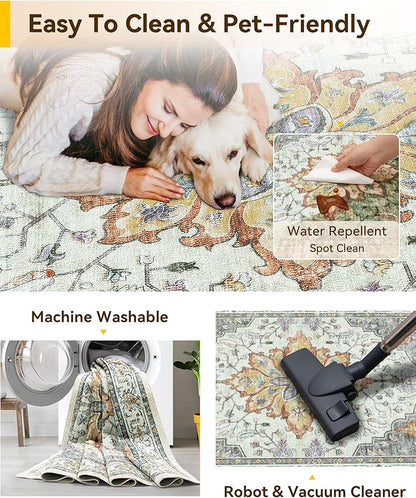 RELEANY Area Rugs Square 6ft Washable Non-Slip, Floral Vintage Distress Print Pattern Medallion Carpet for Living Room Bedroom Dining Room, Light Yellow Carbon Grey Orange
