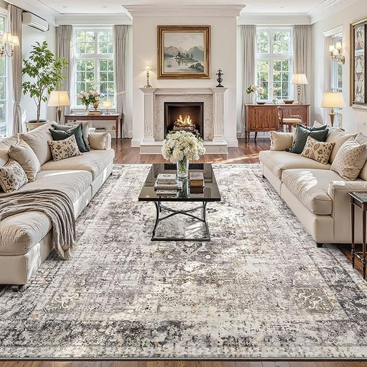 YOH Boho Washable Rug 6x9, Charcoal Gray Vintage Non Slip Area Rug, Distressed Indoor Carpet for Living Room Bedroom Kitchen Office