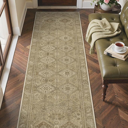 Bavni 2x5 Runner Rugs for Hallways Kitchen, Washable Rug Vintage Print Carpet, Low Pile Lightweight Mat with Non Slip Backing, Light Brown
