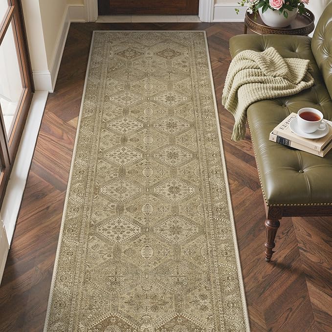 Bavni 2x7 Runner Rugs for Hallways Kitchen, Washable Rug Vintage Print Carpet, Low Pile Lightweight Mat with Non Slip Backing, Light Brown