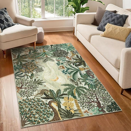 GarveeHome 3x5 Washable Area Rug for Bedroom, Jungle Animal Soft Tiger Rug Non Slip Low Pile Green Carpet Stain Resistant Throw Rug for Bedside Kids Room Office Dining Room