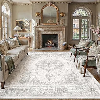 PureCozy Washable Rug 6x9 Area Rug for Living Room Light Gray Vintage Boho Medallion Large Grey Distressed Retro Carpet Non Slip Indoor Low Pile Small Soft Bedroom Dining Room Home Office
