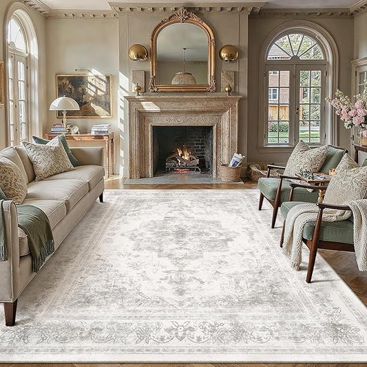 PureCozy Washable Rug 6x9 Area Rug for Living Room Light Gray Vintage Boho Medallion Large Grey Distressed Retro Carpet Non Slip Indoor Low Pile Small Soft Bedroom Dining Room Home Office