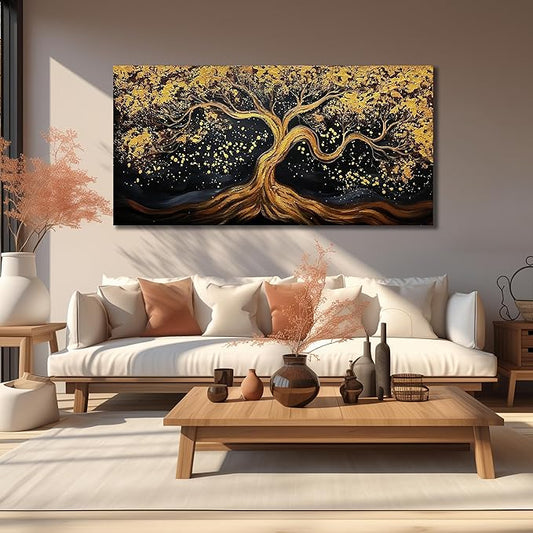 JKWALL77 Tree Of Life Hand Painting Wall Decor For Living Room Black And Gold Wall Decor For Office Tree Huge Canvas Wall Art For Bedroom Size 36 x 72 Inch