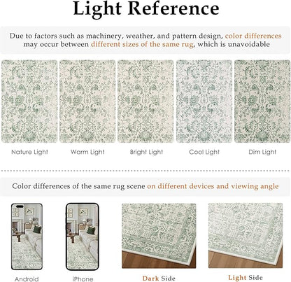 PureCozy Runner Rug 2x6 Sage Green Hallway Washable Vintage Distressed Kitchen Carpet Non Slip Neutral Low Pile Retro Floral Farmhouse Long Throw Rug Entryway Bathroom Office Laundry Dining Room