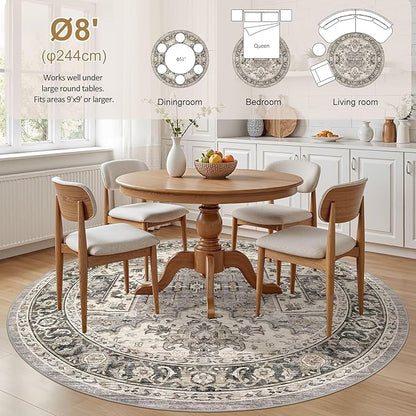 Area Rug for Living Room - 8x8 Soft Machine Washable Oriental Vintage Floral Distressed Large Indoor Floor Carpet for Bedroom Under Dining Table Home Office Decor - Brown