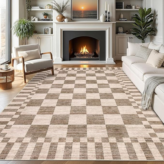 GarveeHome Brown Checkered Rug 4×6 Area Rugs for Living Room，Non-Slip Washable Rug Soft Low-Pile, Neutral Modern Farmhouse Geometric Rugs for Bedroom Dining Room Office