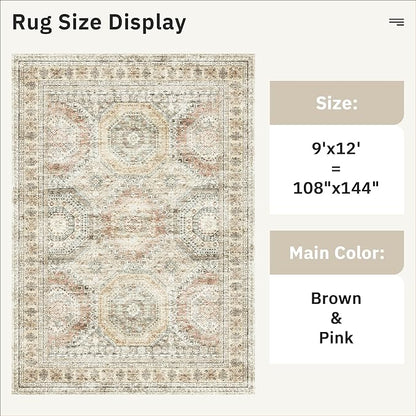 Soalmost 9x12 Area Rugs for Living Room, Non Slip Machine Washable Vintage Rugs, Low Pile Lightweight Large Rug for Bedroom, Dining Room, Home Office Brown Pink