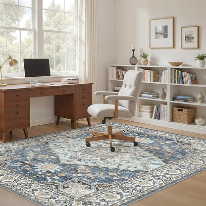 5x8 Washable Area Rugs for Living Room: Non Slip Vintage Blue Yellow Rug, Large Soft Stain Resistant Indoor Floor Carpets for Bedroom Dining Room Nursery Home Office Kid & Pet Friendly