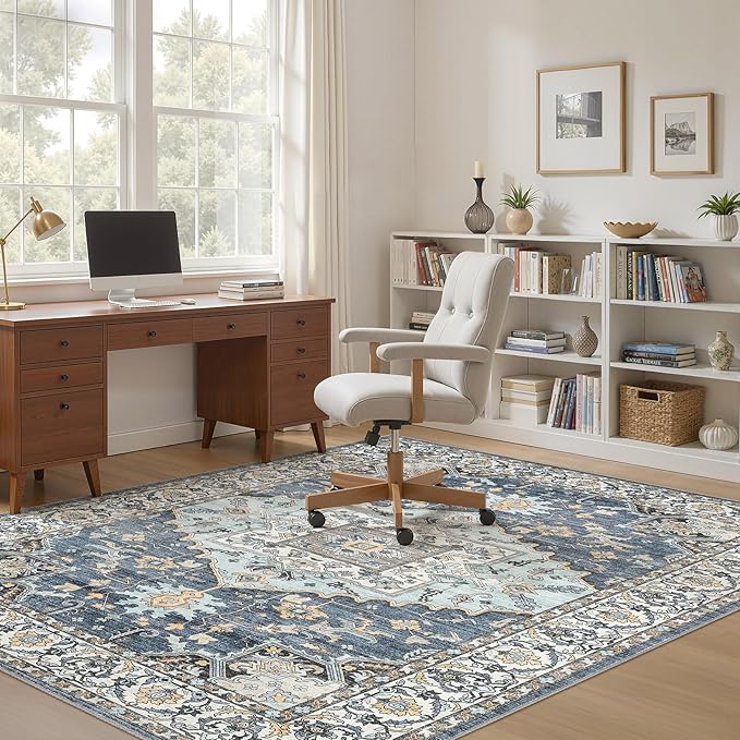 5x7 Washable Area Rugs for Living Room: Non Slip Vintage Blue Yellow Rug, Large Soft Stain Resistant Indoor Floor Carpets for Bedroom Dining Room Nursery Home Office Kid & Pet Friendly