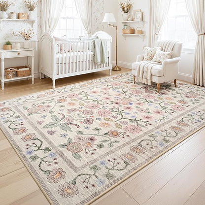 Maxsoft 4x6 Area Rugs for Living Room Bedroom, Floral Vintage Large Rug with Rubber Backing: Soft Non-Slip and Washable Low Pile Throw Carpet for Dining Room Kitchen Home Decor, Pink