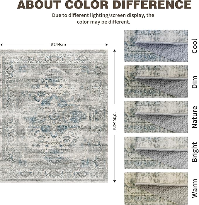 8x10 Area Rugs for Living Room, Machine Washable Non Slip Vintage Rug, Non-Slip Stain Resistant, Large Soft Home Decor Rug for Bedroom Dining Room (Blue/Grey,8'x10')