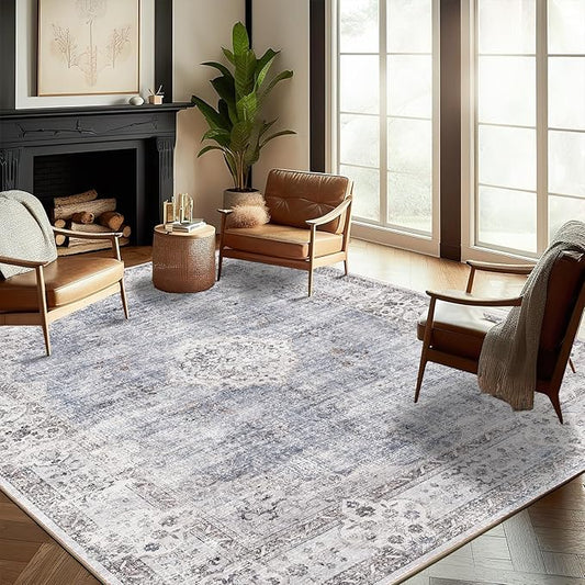 CHAMPLANT Washable Area Rug 9'x12' Retro Boho Design Non-Shedding Easy Care Ideal for High Traffic Areas in Living Room Bedroom Office Coffee Table Kitchen Large Carpet