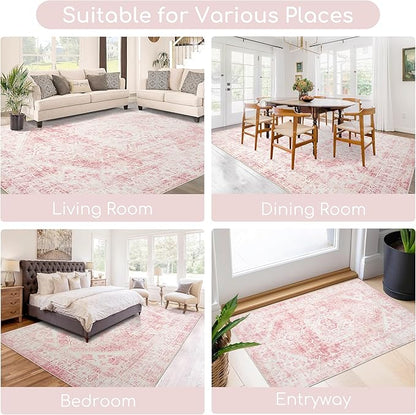Sofrug Area Rug - 6x9 Washable Pink Rug Honeycomb Non Slip Retro Rugs Soft Faux Wool Carpet Foldable & Machine Washable Rugs for Living Room Bedroom Dining Room Kitchen